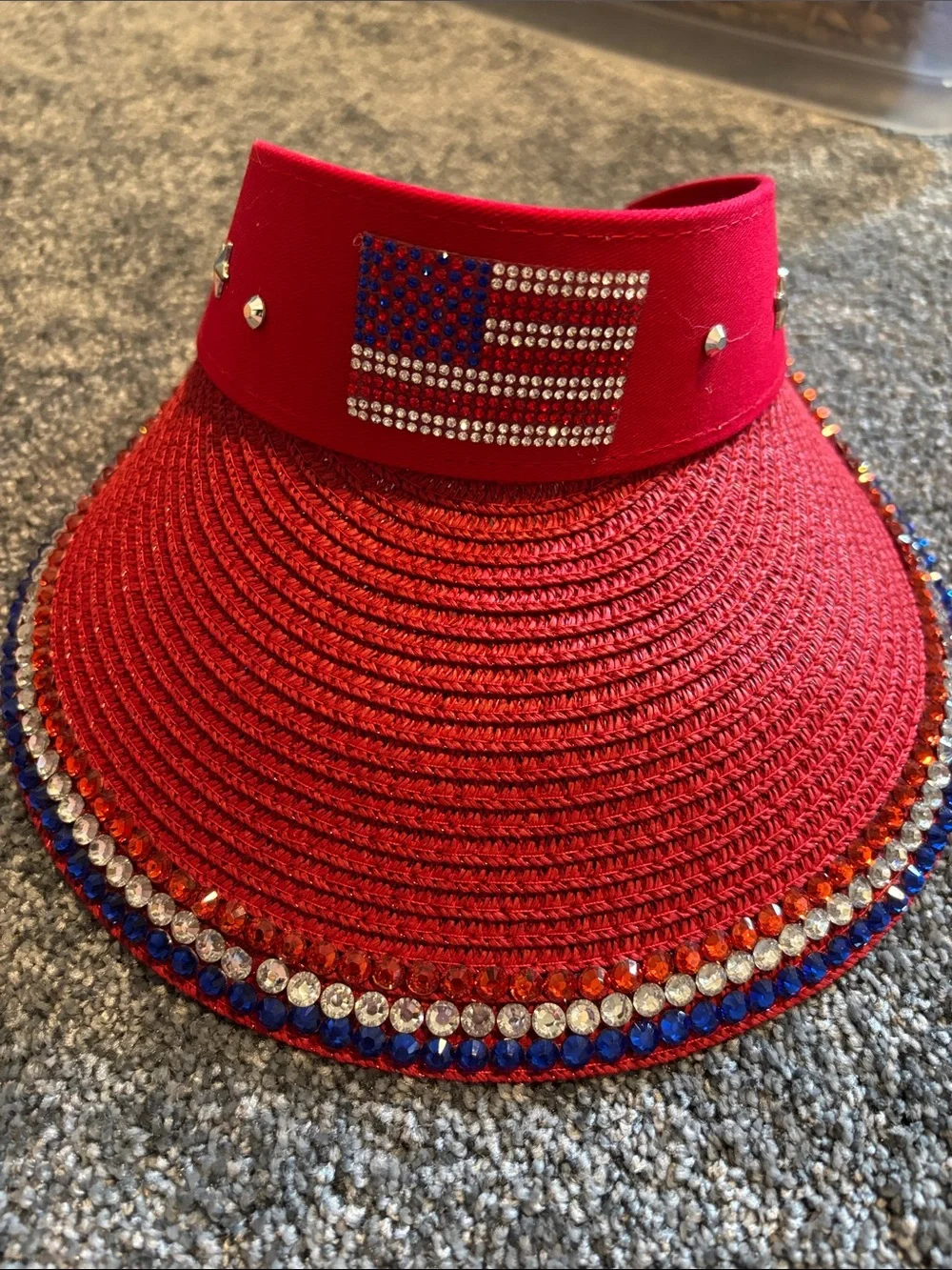 Ladies red straw patriotic Visor